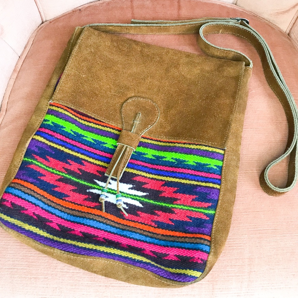 Southwest Style Wool and Suede Leather Crossbody